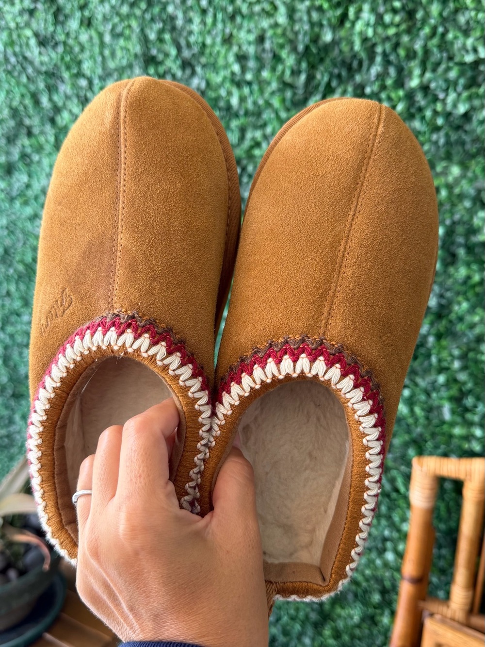 Cozy Suede Slip-On Women's Slippers in Chestnut with Red & Cream Trim
